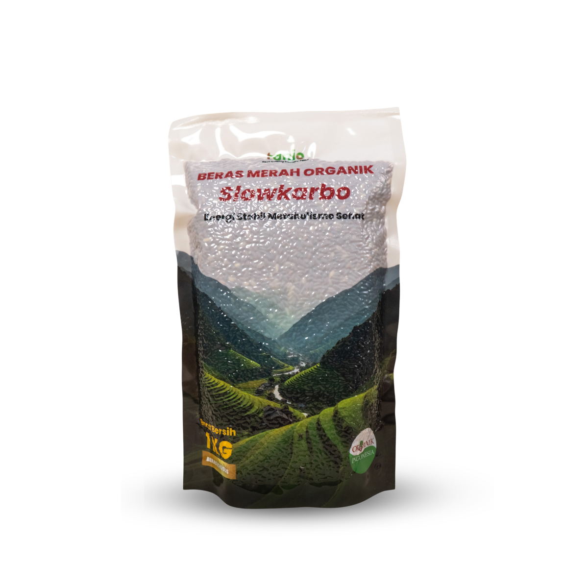 Kemasan Beras Merah Organik Slowkarbo Tanio 1 kg